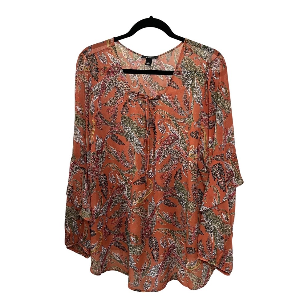 ALYX Womens 2X Blouse Orange Paisley Print Sheer Long Sleeve Tie Neck Top Fall